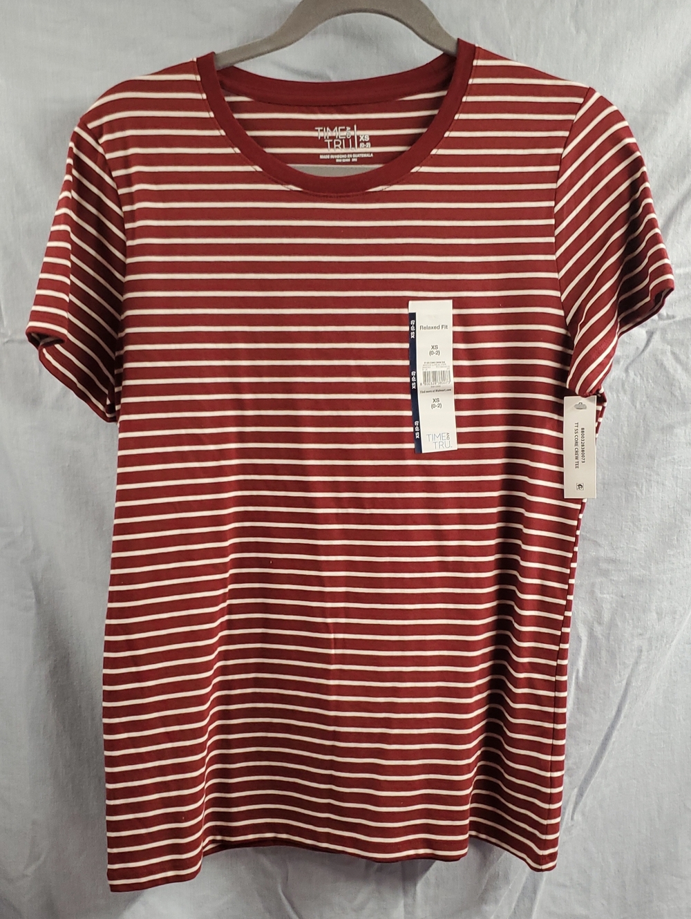 Time and Tru Men's Rust Red and White Striped Short Sleeve Tee